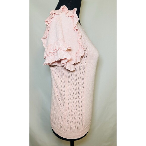 Mimi +‎ Daphne Pink Short Sleeve Ruffled Sweater Top Thin Semi Sheer Women's M - Picture 4 of 10
